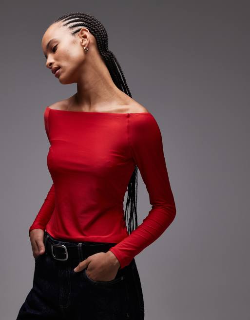 ASOS DESIGN - Bardot-top van gladde stof in rood