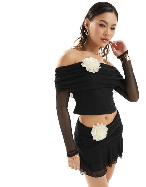 ASOS DESIGN bardot top with contrast corsage detail in black (part of a set)
