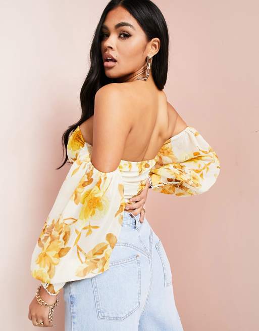 Yellow floral sales bardot top