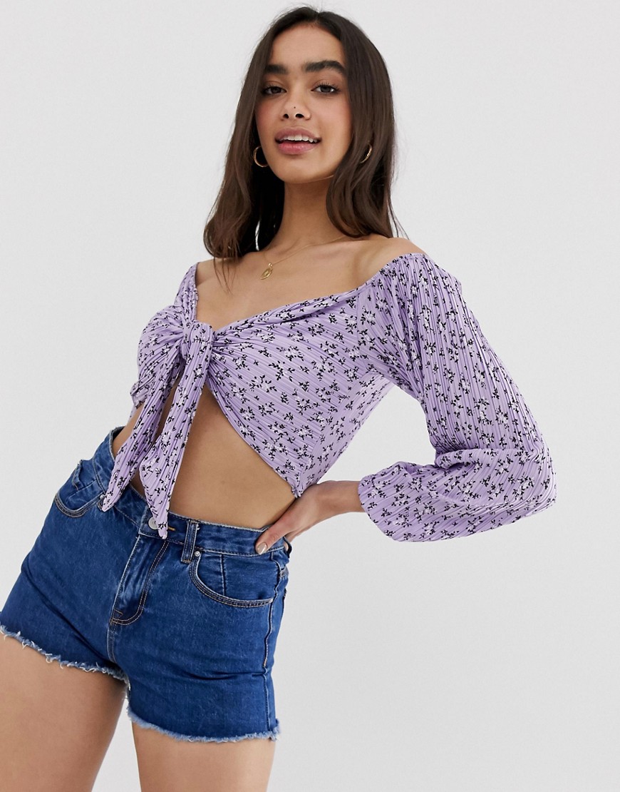 ASOS DESIGN bardot top with tie front in ditsy floral print plisse-Multi