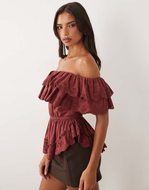 ASOS DESIGN bardot top with tiered broderie frills in rust - view 1