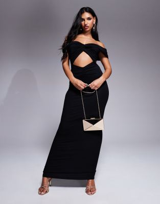 Asos Design Bardot Twist Detail Cut Out Midi Dress In Black