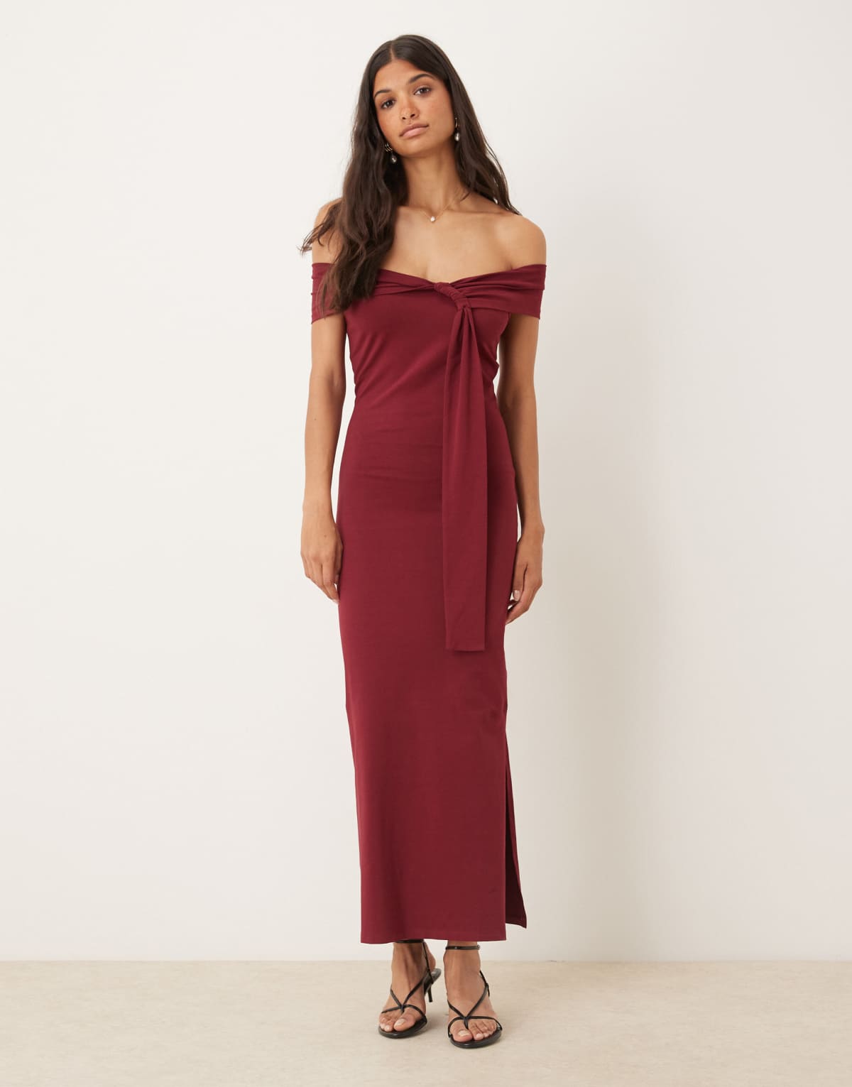 ASOS DESIGN bardot twist detail midi dress in burgundy