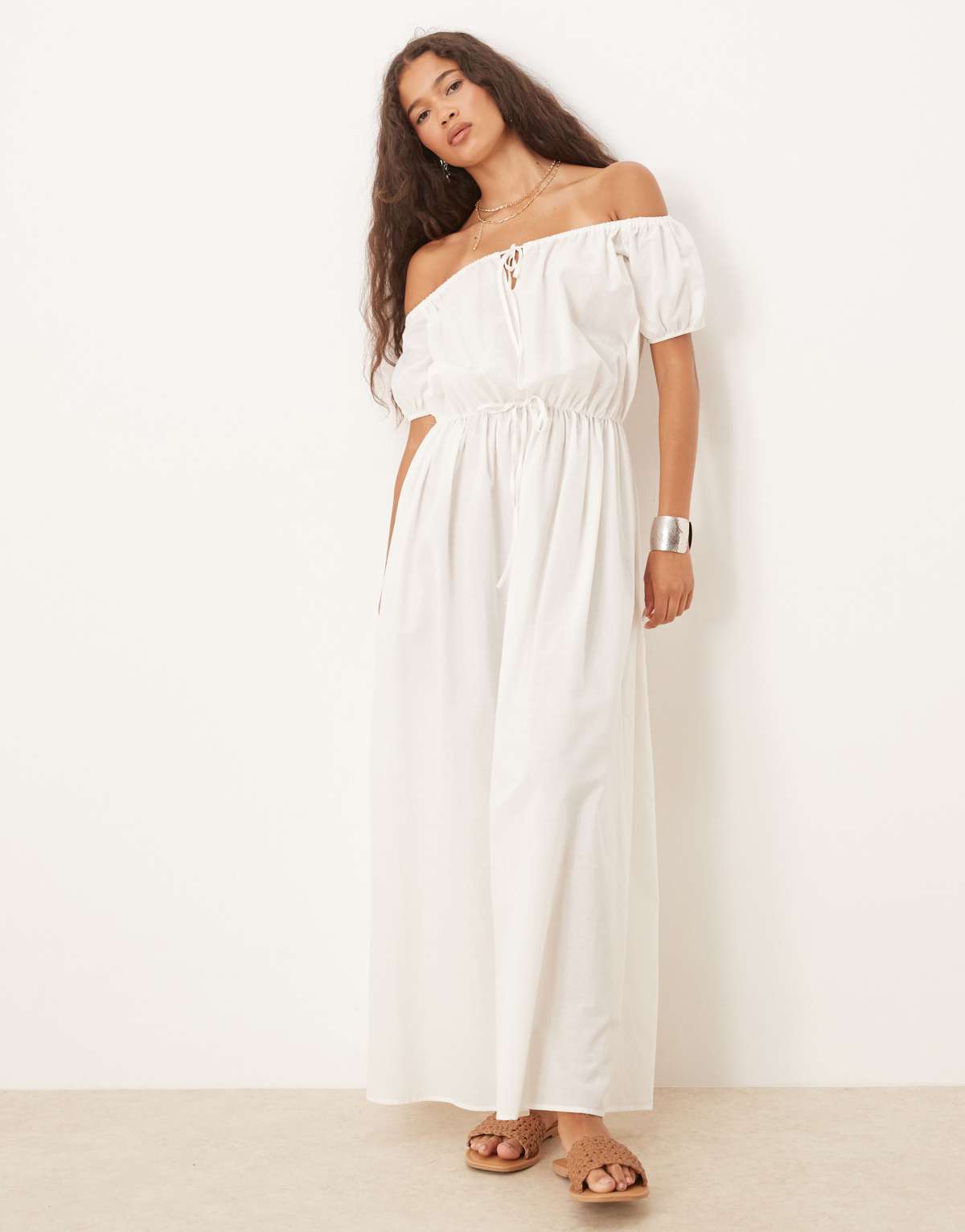 ASOS DESIGN bardot waisted maxi dress in cream