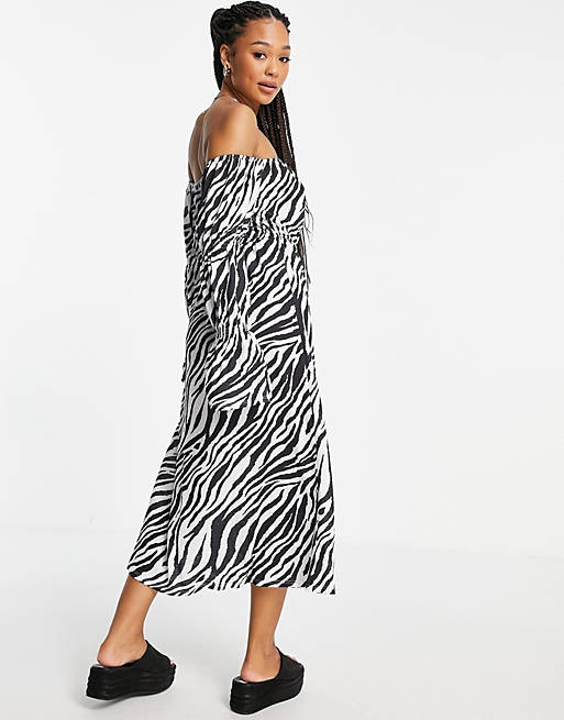Dresses bardot waisted midi dress in zebra print 