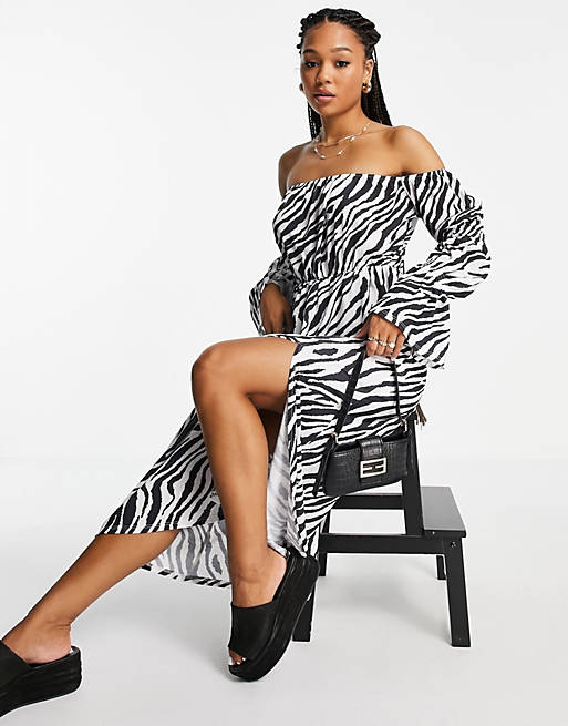 Dresses bardot waisted midi dress in zebra print 