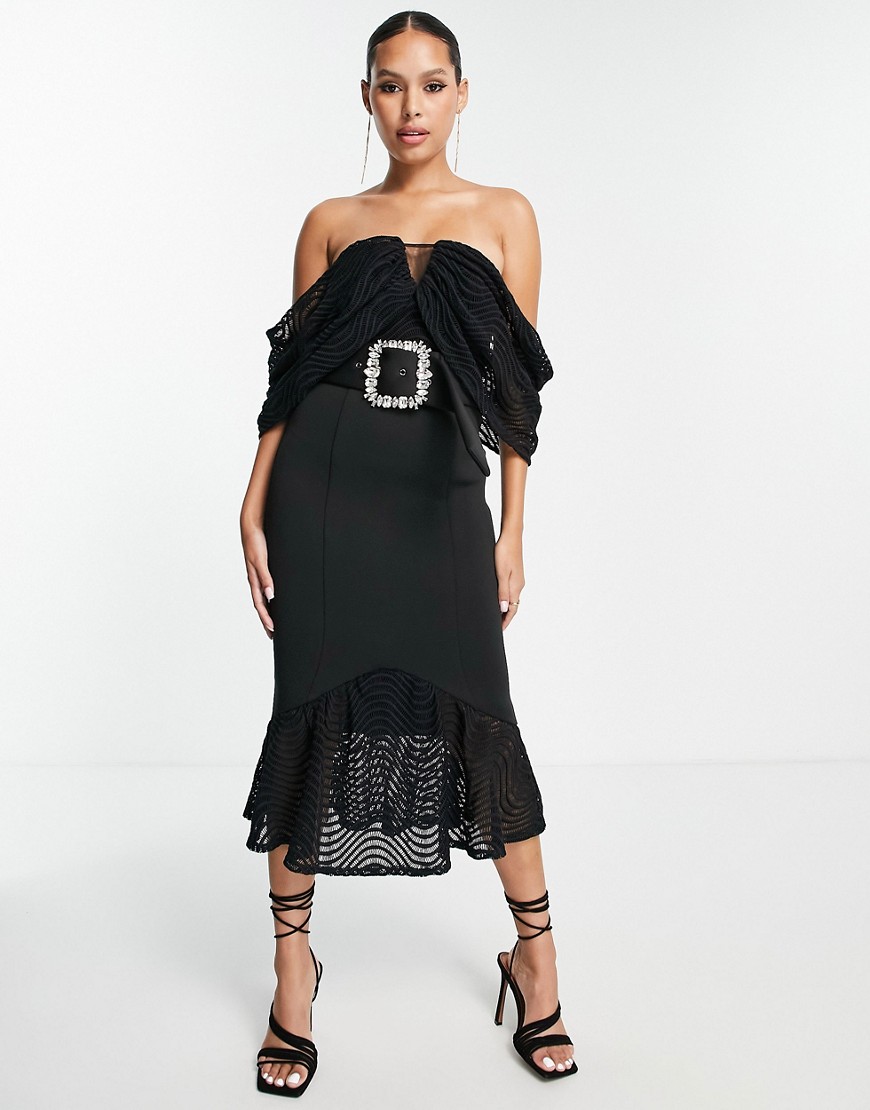 ASOS DESIGN bardot wiggle lace midi dress in black