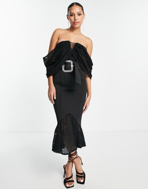 Plus Black Bardot Ruffle Detail Shift Dress