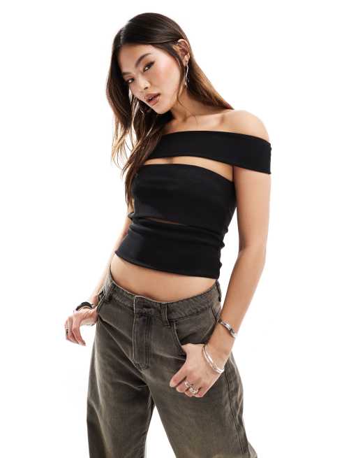 ASOS DESIGN - Bardottop met rechte hals en uitsnijdingen in zwart