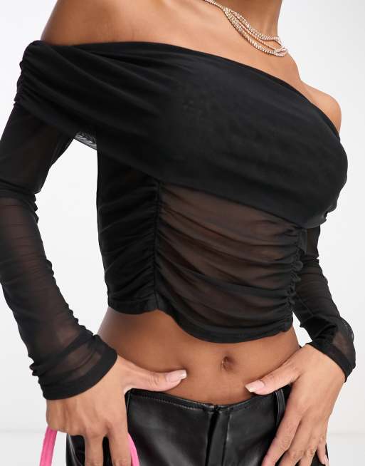 ASOS DESIGN - Bardottop van mesh met blote schouders in zwart, 2 van 4