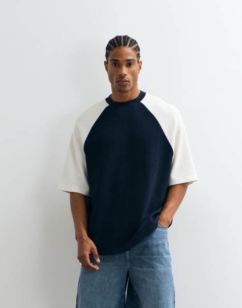 ASOS DESIGN bardzo ciężki oversize T-shirt z kontrastowymi rękawami raglanowymi w granatową waflową strukturę - view 1