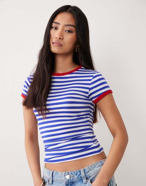 ASOS DESIGN – Bardzo dopasowany T-shirt w niebieskie paski z lamówką - view 1