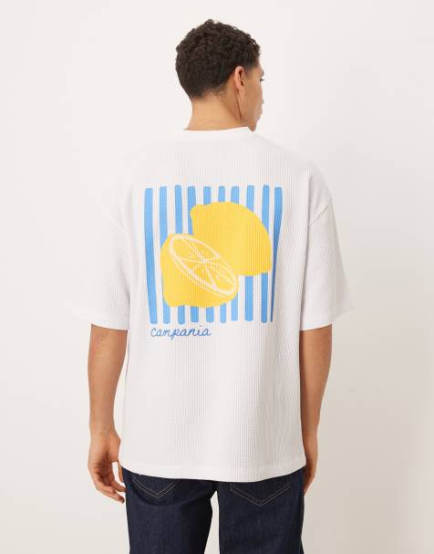 ASOS DESIGN – Bardzo gruby biały T-shirt oversize o waflowej fakturze z grafiką z cytrynami i haftem - view 1