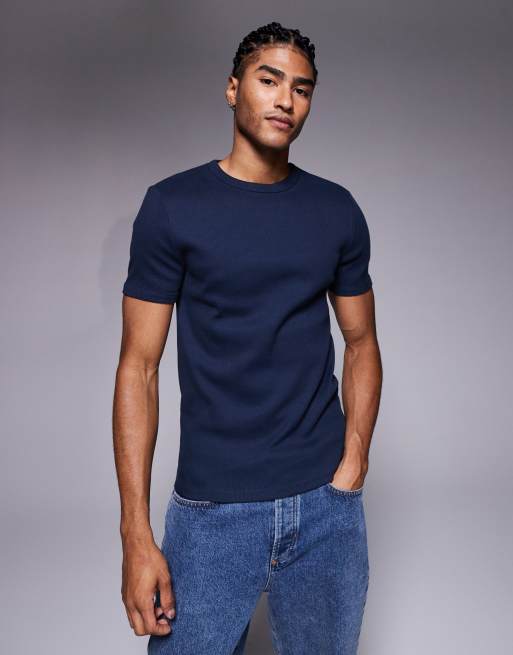 ASOS DESIGN – Bardzo gruby prążkowany granatowy T-shirt o kroju podkreślającym sylwetkę 