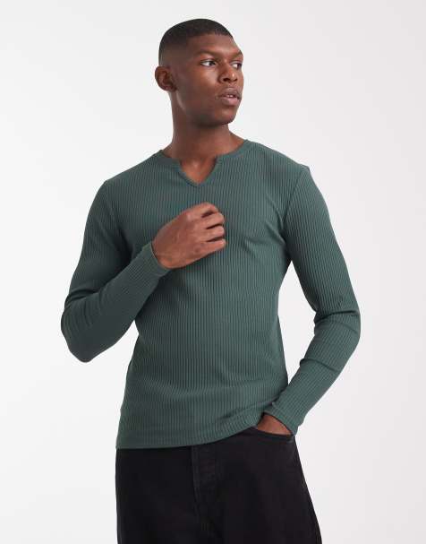 ASOS DESIGN super heavyweight muscle fit long sleeve t-shirt with notch neck in dark green rib
