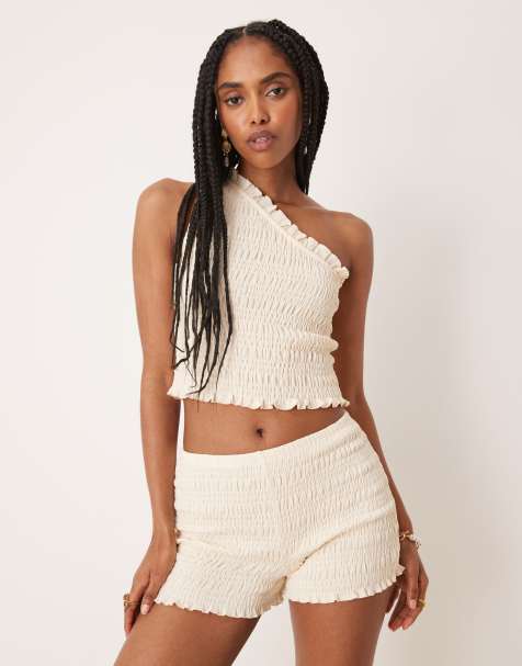 ASOS DESIGN co-ord shirred micro shorts in ivory