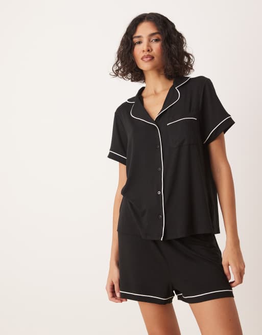 ASOS DESIGN – Bardzo miękka czarna piżama z koszulą z krótkim rękawem i szortami