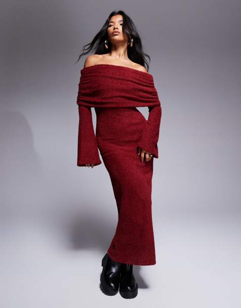 ASOS DESIGN supersoft fluffy long sleeve bardot midi dress in burgundy