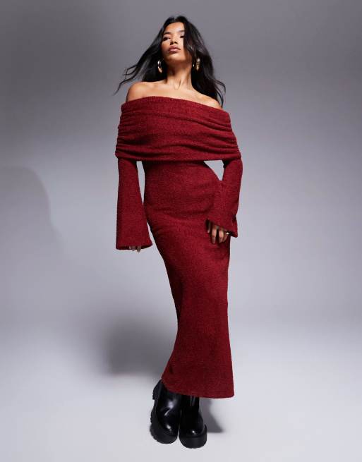 ASOS DESIGN – Bardzo miękka puszysta sukienka midi z dekoltem bardot i długimi rękawami w kolorze bordowym