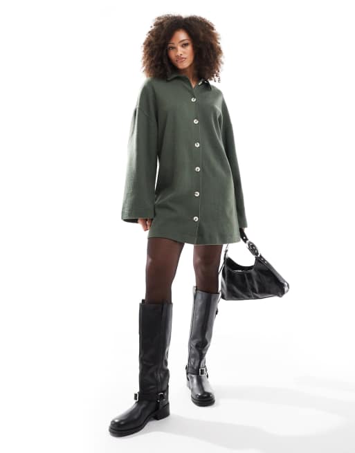 ASOS DESIGN – Bardzo miękka zapinana na guziki sukienka mini w stylu kardiganu z kołnierzykiem w kolorze khaki