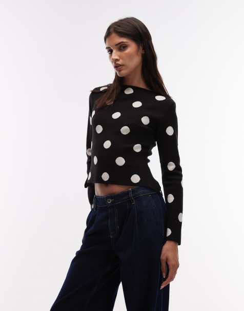 ASOS DESIGN fine knit knitted slash neck jumper in polka dot