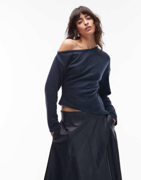 ASOS DESIGN – Bardzo miękki granatowy top z odsłoniętym ramieniem, gorsetową talią i długimi rękawami - view 1