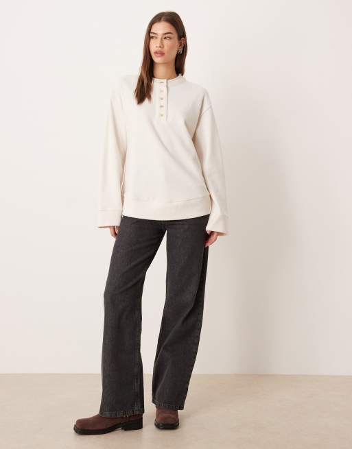 ASOS DESIGN – Bardzo miękki kremowy sweter oversize z kołnierzykiem typu henley, 3 z 4