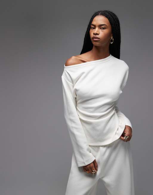 ASOS DESIGN – Bardzo miękki kremowy T-shirt z gorsetową talią i odsłoniętym ramieniem