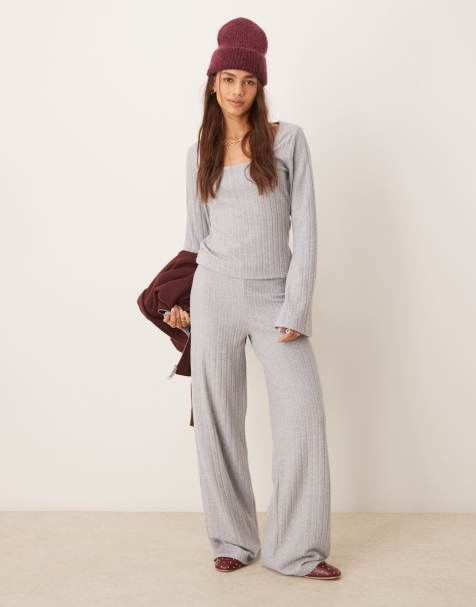 ASOS DESIGN – Bardzo miękki prążkowany szary zestaw: top z kapturem i kwadratowym dekoltem i spodnie - view 1