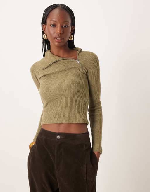 ASOS DESIGN – Bardzo miękki szczotkowany top prążkowany z długimi rękawami i zamkiem w kolorze khaki