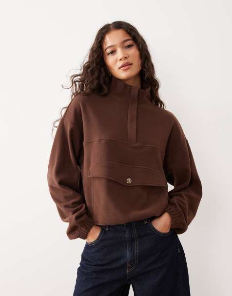 ASOS DESIGN Supersoft funnel neck top with bubble hem in coffee