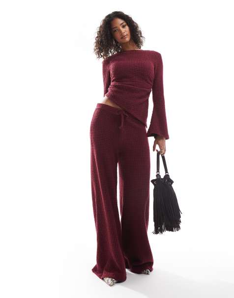 ASOS DESIGN supersoft bubble wide leg trousers co ord in burgundy