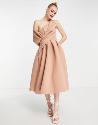 ASOS DESIGN bare shoulder midi prom dress in camel-Brown