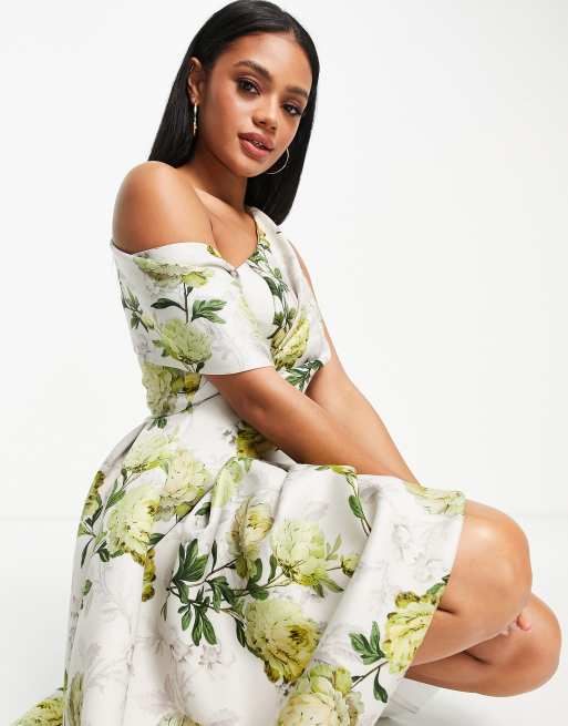 ASOS DESIGN bare shoulder prom midi dress in floral print ASOS