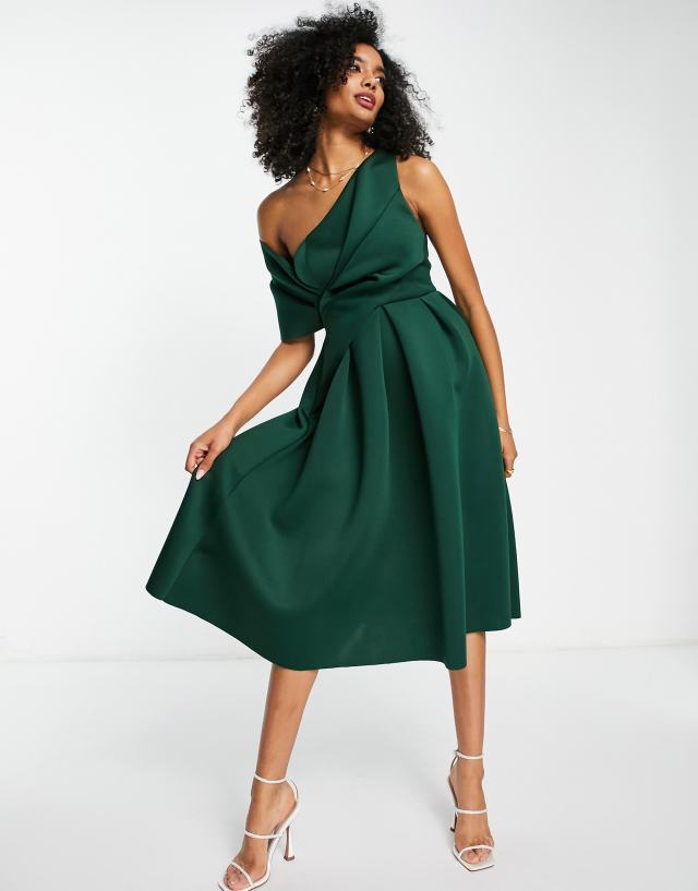 ASOS DESIGN bare shoulder prom midi dress in forest green