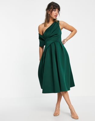 ASOS DESIGN bare shoulder prom scuba midi dress in forest green - ASOS Price Checker