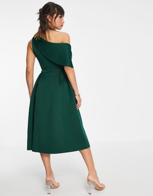 ASOS DESIGN fallen shoulder pleat midi scuba dress in green