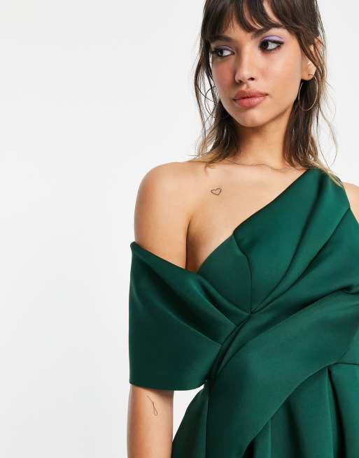 ASOS DESIGN bare shoulder prom scuba midi dress in forest green