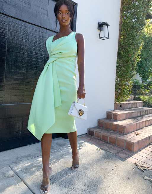 ASOS DESIGN bare shoulder sash detail pencil midi dress in lime | ASOS