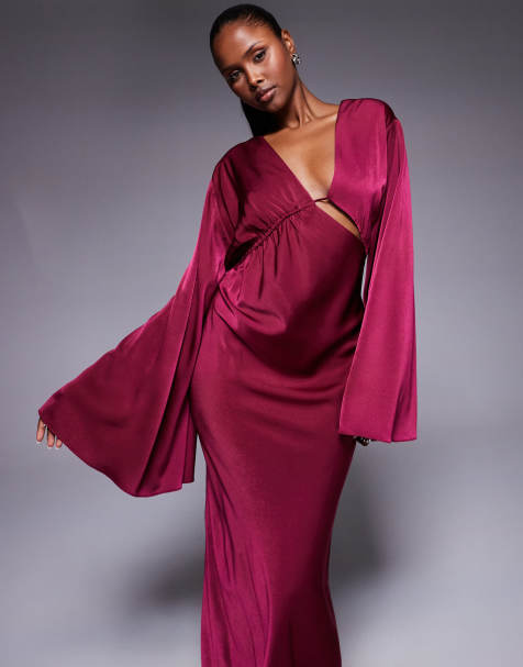 ASOS DESIGN – Bärfärgad maxiklänning i satin med långa ärmar, asymmetrisk halsringning och dragsko-design - view 1