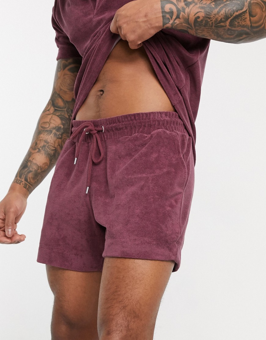 ASOS DESIGN – Bärfärgade shorts i frotté med smal passform, del av set-Lila