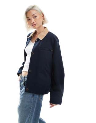 ASOS DESIGN - Barn-Bomberjacke in Marineblau mit camelbraunem Kragen