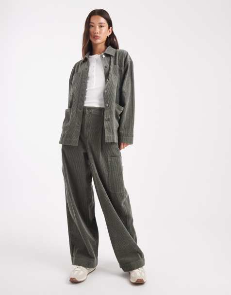 ASOS DESIGN barn cord jacket and barrel leg pants set in green - view 1