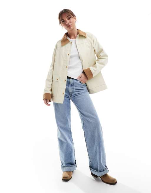 ASOS DESIGN - Barn - Giacca cerata color pietra con colletto a punta in velluto a coste