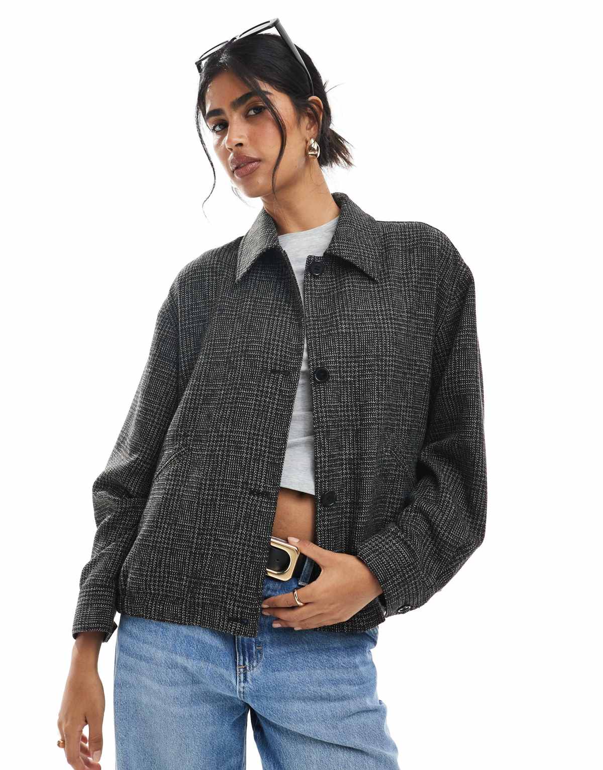 ASOS DESIGN barn jacket with bomber hem and contrast collar in mono check