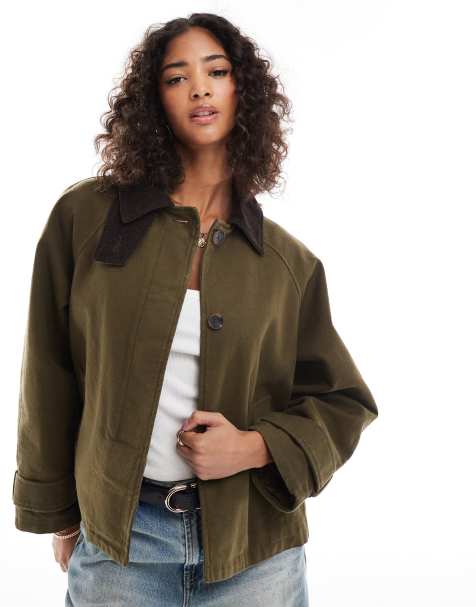 ASOS DESIGN barn jacket with contrast collar in khaki - view 1