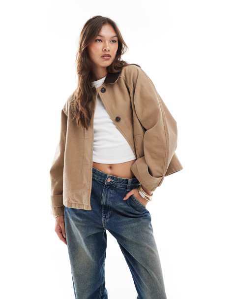 ASOS DESIGN barn jacket with contrast collar in stone - view 1