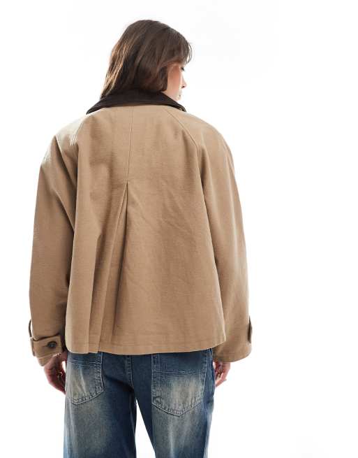 ASOS DESIGN barn jacket with contrast collar in stone 