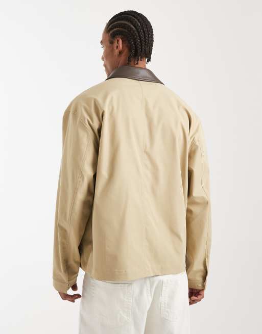 ASOS DESIGN barn jacket with contrast collar in stone, 3 of 5