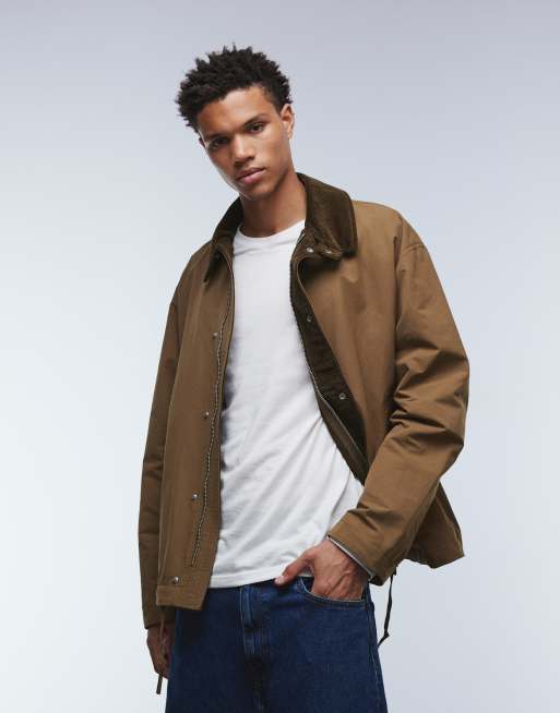 ASOS DESIGN barn jacket with cord collar in khaki